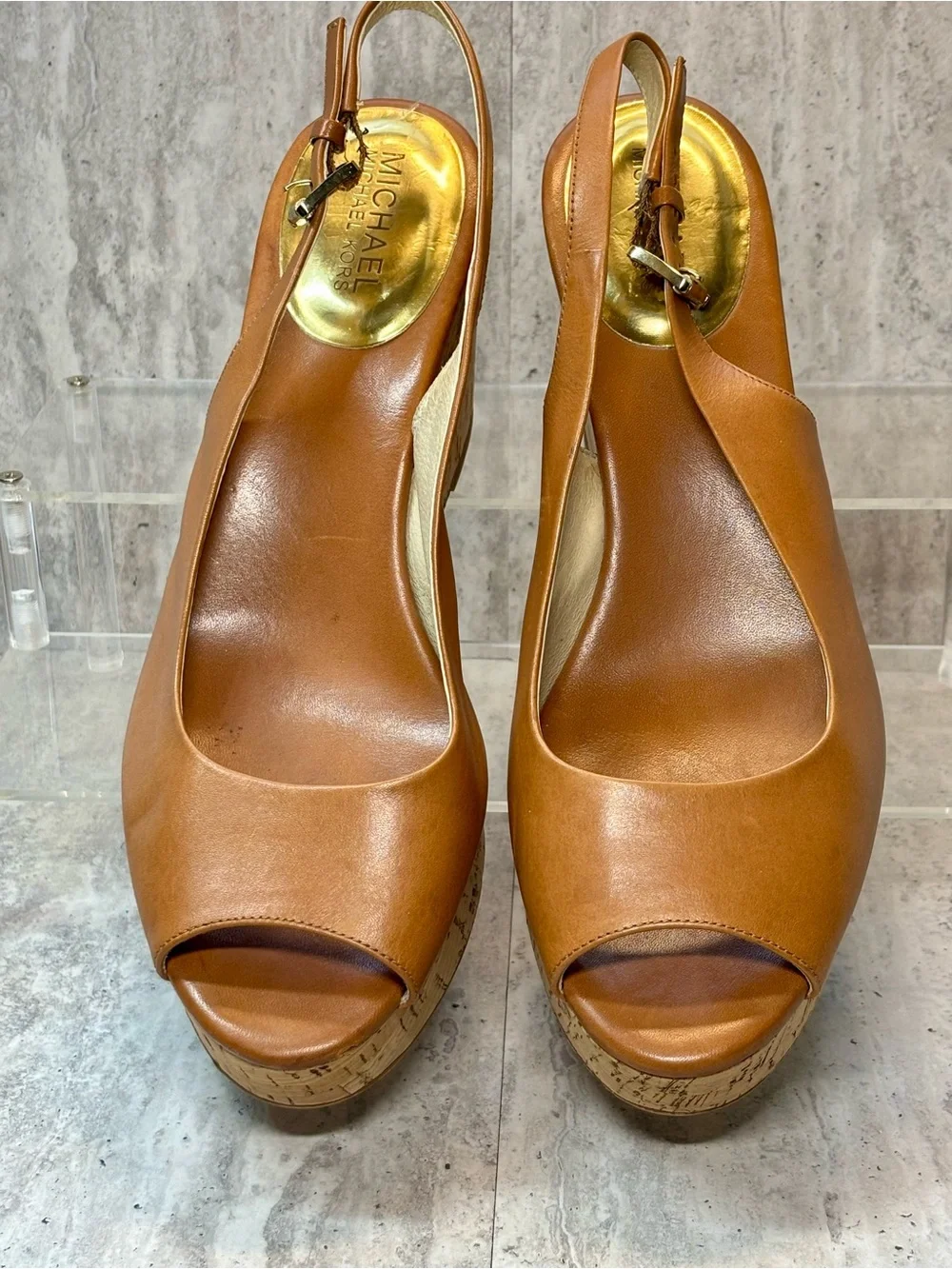 Michael Kors Natalia Brown Leather Cork Wedge Platform Sandals Sz 11M